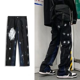 Men's Jeans Gothic Paint Men Hip Hop Wide Leg Denim Pants Trousers