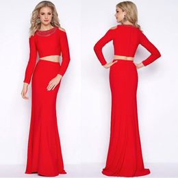 Shiny red mermaid long-sleeved beaded two-piece prom dress support Customised evening long skirt2578