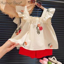 Humor Bear Girls Summer Flower Embroidery Lace Elastic Strap Doll Shirt Shorts Two Piece Set Vestidos Casual Outfit 26Y 240307