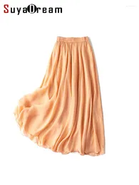 Skirts SuyaDream Long Pleated Skirt For Woman Real Silk Two Layers Elastic Waist Chiffon 2024 Spring Summer Bottoms