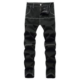 Mens Jeans Long Trousers Mens Coarse Line Jeans Man Black Slim Stretch Denim Spliced Patchwork Contrast Colour Pants Streetwear Trousers Clothing Zipper Trousers