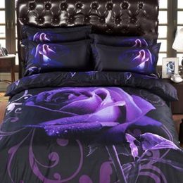 New HD 3d bedding bed linens rose duvet cover set cotton polyester 3d bedding set queen bed set 3 4pc adult bedclothes purple Y2002934