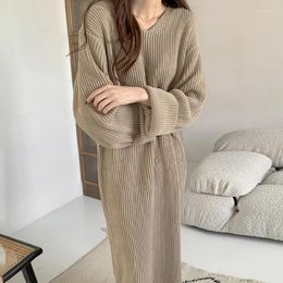 Casual Dresses V Neck Elegant Warm Woman 2024 Korean Sweater Dress Women Winter Solid Knitted Thick Khaki Loose Vestido Long