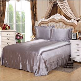 Sheets & Sets Solid Colour Home Textile Silver Grey Silky Satin Bedspread Imitated Silk Bedding Bed Sheet Cases For Twin Queen King253E