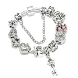 Silver Plated Heart Key Pendant Charm Bracelets For Women Original Girls Princess Crown Beaded Bracelet Wife Jewelry275c