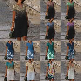 Womens Spring Fashion Positioning Dress Printed V Neck Short Sleeve