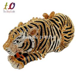 Whole- Stylish Animal Tiger Diamond Evening Bag Gold Luxury Diamante Crystal Clutch bag Wedding elegant bride Party banquet Pu280s