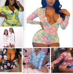 Plus Size Jumpsuits Slim Sexy Pajamas Casual Letters Cartoons Printed Buttons Onesies Ladies Vneck Long Sleeve Shorts Home Romper3908653