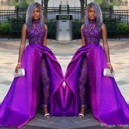 2022 Purple Jumpsuits Prom Dresses With Detachable Train High Neck Lace Appliqued Bead Evening Gowns Luxury African Party Gowns PR2661