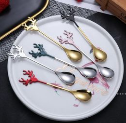 NEW304 Stainless Steel Deer Head Shape Stirring Spoon Romantic Christmas Elk Coffee Dessert Spoon Exquisite Tableware with box gif3407103