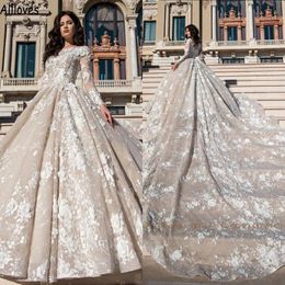 Gorgeous 3D Floral Lace Appliques Princess Wedding Gowns Long Sleeves Nude Lining Vestidos De Novia Chapel Train Ball Gown Bride S243F