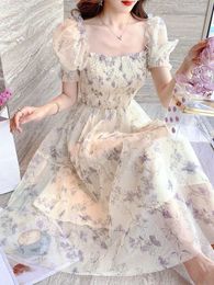 Zoki Elegant Floral Chiffon Party Dress Women Fashion Puff Sleeve A Line Midi Sweet Square Collar Korean Female Vestidos 240226