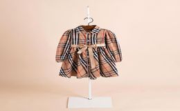 Girls plaid dress spring designer kids clothes girls ribbon belt lattice dress children lapel Singlebreasted long sleeve dress A21008547