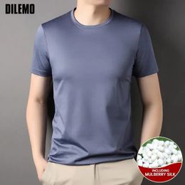 Top Grade 17% Mulberry Silk Brand Tops Round Neck t Shirts For Men Summer Short Sleeve Casual Fashion Mens Clothing 240227
