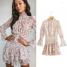 Casual Dresses Women Cottagecore Dress Woman Summer Slim Body Clothes Floral Print Pastoral French Puff Long Sleeve Stretch Female