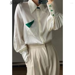Women's Blouses White Women Shirt Elegant Green Buttons Long Sleeve Blouse Loose Office Fashion Turn Down Collar Patchwork Tops Mujer