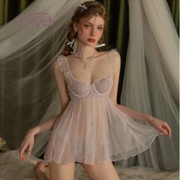 Sexy Pajama Womens Sleepwear Summer Lace Gauze Pure Desire See-through Ruffles Sleeve Tops and Panty Lingerie Set 240226