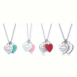 tiffanans Fashion Home s925 Silver Blue Dropped Enamel Heart shaped Pendant Necklace Tie Home Light Luxury Double Heart Lock Bone Chain