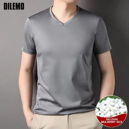 Top Grade 17% Mulberry Silk Brand Tops V Neck t Shirts For Men Summer Short Sleeve Casual Fashion Mens Clothing 240227