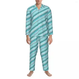 Men's Sleepwear Pyjamas Men Retro Dots And Stripes Home Nightwear Blue Line Design 2 Pieces Pyjama Set Long Sleeve Oversized Suit