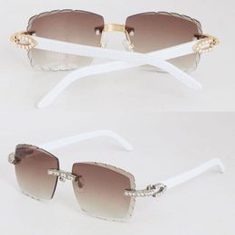 New Design Diamond Sunglasses White Plank Rimless 8200758 Womans Designer Golden 18K Glasses Diamond Cut Lens Luxury Big Stones Me234i