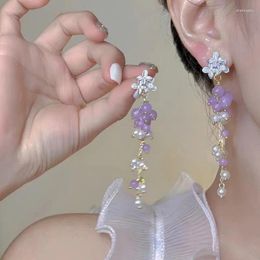 Stud Earrings 2024Summer Fashion Retro Purple Grape Flower Pearl Tassel Women Sweet Long Elegant All-match Temperament Accessorie