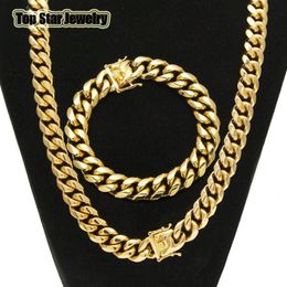 High Quality Stainless Steel Jewellery Sets 18K Gold Plated Dragon Latch Clasp Cuban Link Necklace & Bracelets For Mens Curb Chain 1272a