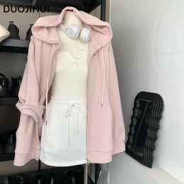 Sweatshirts DUOJIHUI Three Piece Loose Pink Hooded Female Hoodies White Lace Camisole Top Fashion Drawstring Skirt Chic Zipper Women Hoodies