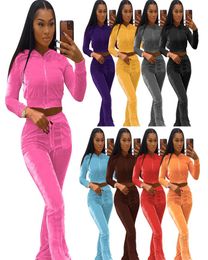 Women Velour Tracksuits Hoodie Sport Two Piece Outfits Pink Velvet Sweatsuits Zipper Pocket Long Sleeve Jacket Bell Wid Leg Pant8294644