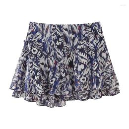 Skirts YENKYE 2024 Women Metallic Thread Printed Mini Skirt Vintage Side Zipper High Waist Ruffle Summer Holiday