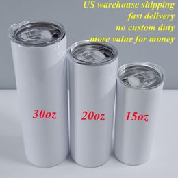 US sublimation blank skinny straight tumbler 15oz 20oz 30oz with metal straw rubber bottom shrink warps sublimation heat208B