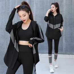 Jacket Sports Bra Leggings 3 Piece Set Womens Tracksuit Training and Exercise Workout Gym Push Up Yoga Sportswear Suit Fitness 240301