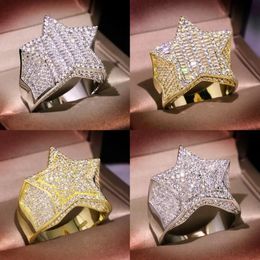 Gold Silver Ring Stones High Quality Hip Hop Bling Cubic Zirconia Five-pointed Star Rings for Men Women Jewelry217l