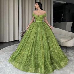 Блестящие зеленые блестки платья Quinceanera 2022 Скромное сладкое 16 бальное платье для выпускного вечера по случаю дня рождения платья-дебютантки Vestidos De 15263J