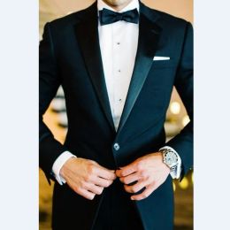 Suits Custom Made Groomsmen Notch Satin Lapel Groom Tuxedos Black Men Suits Wedding Best Man 2 Pieces ( Jacket + Pants + Bow Tie) B859