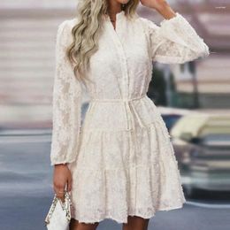 Casual Dresses Women Dress Solid Colour Long-sleeve Elegant Lace A-line Midi With Long Sleeve Tight Waist For Soft Feminine