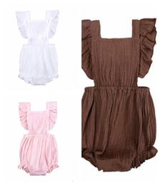 Ins Kids Clothes Baby Girls Rompers Infant Ruffles Flutter Sleeve Jumpsuits Newborn Backless Lace Up Onesies Child Solid Bodysuit 5602747