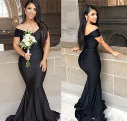 Black Mermaid Long Bridesmaid Dresses Plus Size Off The Shoulder Ruched Floor length Garden Maid of Honor Wedding Party Guest Gown3362698