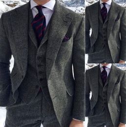Men039s Grey Herringbone Wool Suits 3 Piece Tweed Blend Vintage Peaky Blinder Groom Dress Tuxedos Prom Suit JacketPantsVest3378095