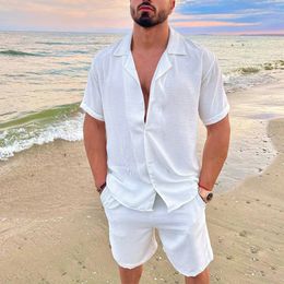 Summer mens beach shirt board shorts set pure white linen shirt button top bottom tracking clothing 2022 240311