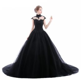 2019 Ball Gown Black Gothic Wedding Dresses High Neck Lace Tulle Corset Lace-Up Back Women Non White Bridal Gowns With Colour Custo264v