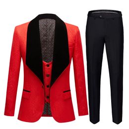 Mens Fashion Big Shawl Lapel 3 Pieces Set Pink Red Blue White Black Wedding Groom Suits Quality Jacquard Banquet Tuxedo 240304