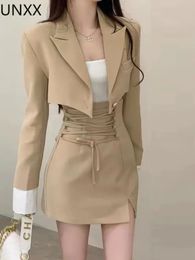 UNXX Sexy One Button Short Women Blazer Cropped High Waist Irregular Cross Slit Mini Skirt Long Sleeve Suit 2 Pieces Set Vintage 240226