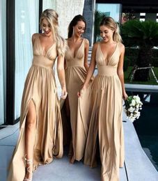 Real Pictures 2019 Sexy Long Gold Bridesmaid Dresses Deep V Neck Empire Split Side Floor Length Champagne Beach Boho Wedding Guest9417586