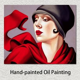 Hand Painted Woman Oil Paintings Tamara De Lempicka Autumn Zephyr Brighten Red Black Hat Canvas Artwork for Home Decor253a