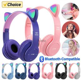 Cell Phone Earphones Wireless Headset Flash Cute Cats ears Fone with Microphone Control LED Stereo Music Helmet Bluetooth GiftH240312