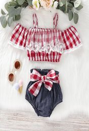 baby Girl Kids Summer Clothing Sets Off Shoulder Red Plaid Shirt Denim Short Summer Girl clothing sets8779327