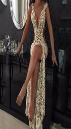 Lace Deep V Neck Evening Gowns Sparkly Beaded Sheer Backless Mermaid Prom Dresses See Through Sweep Train Party Vestidos Custom Ma9260126