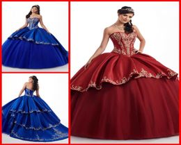 Amazing Royal Blue Burgundy 2022 Quinceanera Prom dresses With Gold Embroideried Sweetheart Satin Ball Gown Evening Party Sweet 163174321