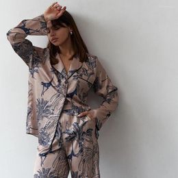 Women's Sleepwear NHKDSASA Print In Pattern High Waist Wide Leg Pants Set Long Sleeve Women Pyjamas Sets For 2 Pieces